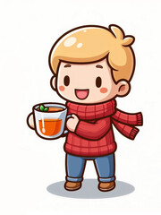 Cute cartoon boy with hot tea on white background. AI
