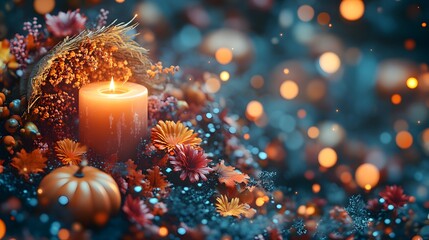Detailed close-up of autumn decor including a cornucopia, pumpkins, and softly glowing candles, rendered in 3D cartoon vector