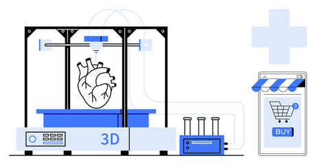 Depicts a 3D printer creating a human heart alongside a digital shopping interface. Ideal for medical technology, innovation, healthcare, e-commerce, 3D printing. Modern flat style with blue