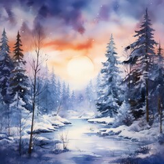 Watercolor Christmas winter card. Holiday New Year.