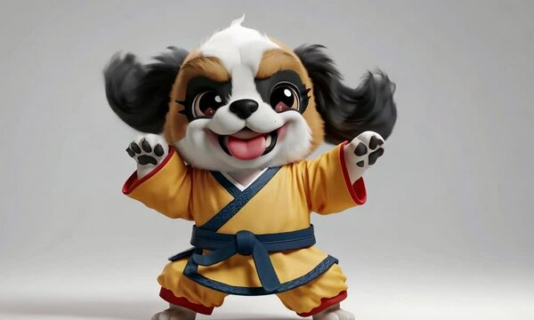 Digital illustration of cartoon puppy in martial arts robe, playful and colorful style.