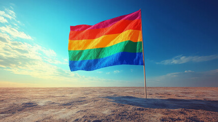 A rainbow pride flag waves proudly in the wind against a bright blue sky.