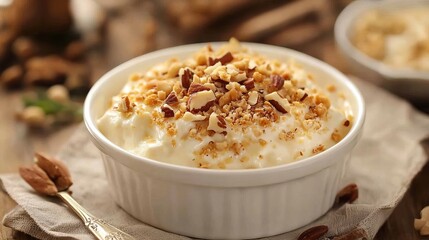 A classic Arabic dessert, Umm Ali, served in a white dish with nuts on top.