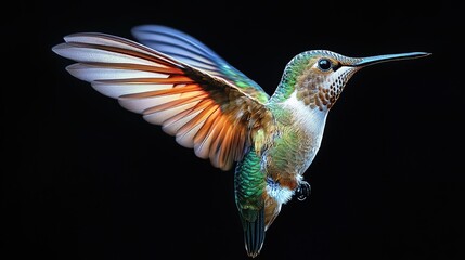 Fototapeta premium Stunning hummingbird in flight, capturing its delicate wings and iridescent feathers, rendered in ultra-realistic , stock photo hyper realistic, on black background