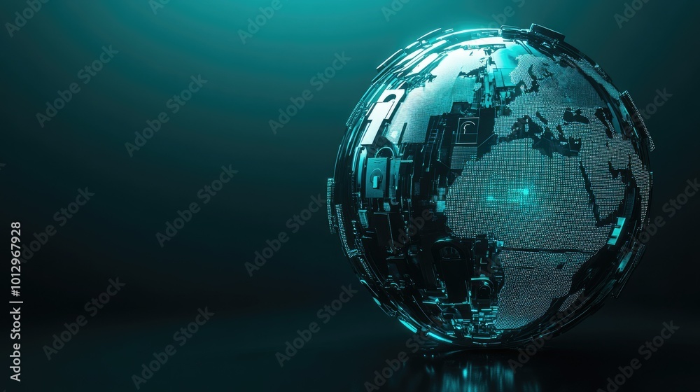 Poster a 3d globe with digital locks symbolizing global cybersecurity. ample copy space in the background.