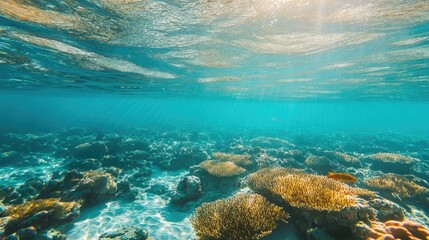 Fototapeta premium A beautiful coral reef with fish swimming by. Plenty of space for copy in the clear water.