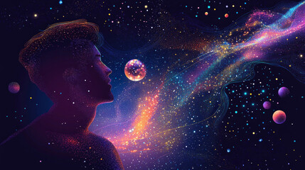 Obraz premium An abstract image of a man holding and reviewing a document, rendered in a low-poly style that resembles a starry sky or cosmic scene. The figure is composed of interconnected points, lines, and geome