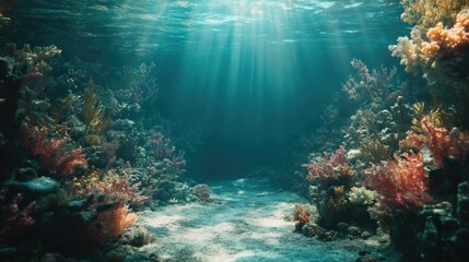 A beautiful underwater shot of a coral reef with space above for text or copy.