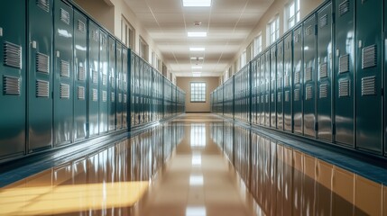 Fototapeta premium Empty school hallway with rows of lockers reflecting in polished floor
