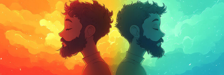 Obraz premium Two men with beards stand back to back against a vibrant background of yellow and blue clouds.