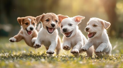 Four joyful mixed-breed puppies running on green grass, showcasing their excitement and playfulness. Their bright expressions and active movement capture the essence of youthful energy and the joy of