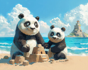 Lovely summer day at a blue beach with cartoon pandas building a sandcastle treasure