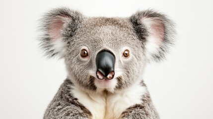 Fototapeta premium The koala, a cute and cuddly Australian animal, loves to climb trees and eat leaves. This photo shows a koala looking right at the camera, against a plain white background.