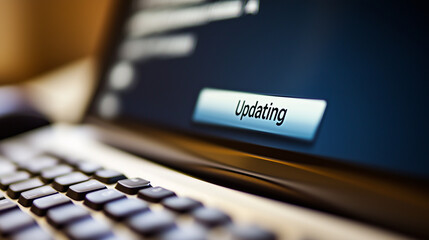 Close-Up of a Computer Screen Displaying a Software Update Progress Bar with "Updating" Text, Featuring a Keyboard and Mouse in the Blurred Background, Representing Modern Technology and Digital Trans