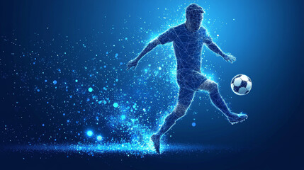 An abstract wireframe silhouette of a soccer player depicted in motion as he strikes the ball. The player is constructed from triangles and particles, emphasizing the dynamic form and athleticism of t