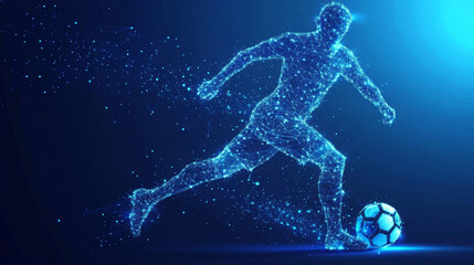 Fototapeta premium An abstract wireframe silhouette of a soccer player depicted in motion as he strikes the ball. The player is constructed from triangles and particles, emphasizing the dynamic form and athleticism of t