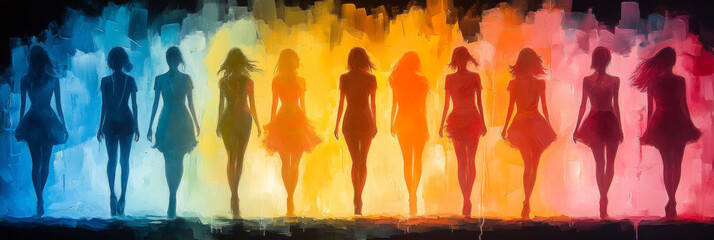 Silhouettes of women walking in a colorful, abstract background.