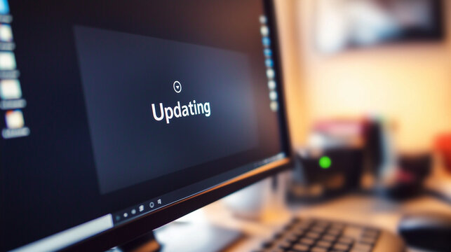 Close-up of computer screen showing software update progress bar with "Updating" text, keyboard and mouse visible in blurred background, modern technology and digital transformation concept.
