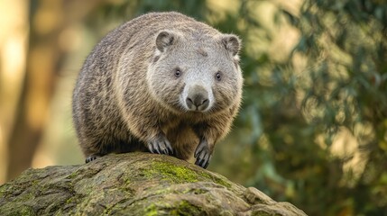 Fototapeta premium Wombats are Australian animals that live in burrows. They are known for their strong bodies, short legs, and square poop. These animals are active at night and have great senses.