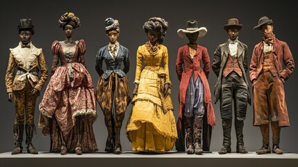 Obraz premium Wooden figures used for displayA lonely red dirt road curves through a white landscape.ing clothes.