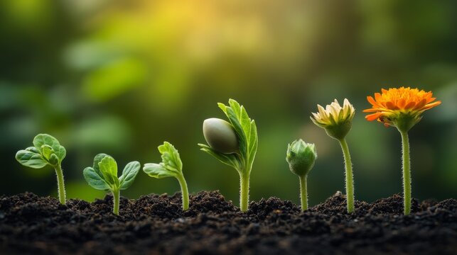 A sequence of different growth stages of a flower from sprout to bloom, captured in rich soil. The progression of life symbolizes the beauty of nature. AI Generation