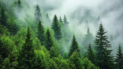 Fototapeta premium Misty forest with tall pine trees and fog.
