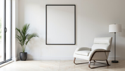 A minimalist living room with a white wall, a white armchair with a wooden frame, a floor lamp, and a potted plant.  Mock-up illustration