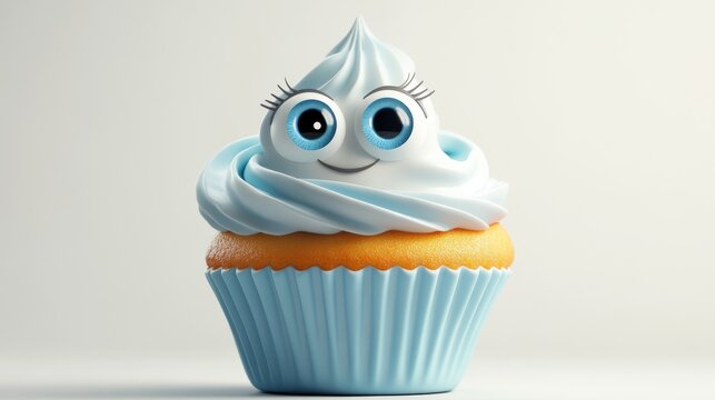 Charming cupcake with light blue frosting, large expressive eyes, and a friendly smile. This playful dessert illustration is ideal for children's content, bakery promotions, or themed celebrations