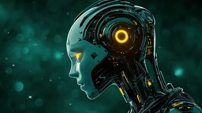 Artificial Intelligence robot concept dark teal green. AI. Robot 3D. Green background