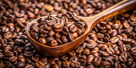 Fototapeta premium A wooden spoon filled with roasted coffee beans, nestled in a sea of similar beans, creating a rich, aromatic scene.