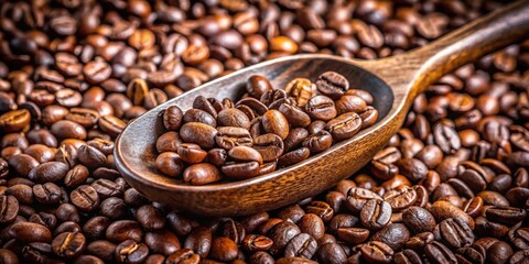 Fototapeta premium A wooden spoon filled with roasted coffee beans, nestled amongst a bed of freshly roasted beans, ready to be ground and brewed into a perfect cup of coffee.