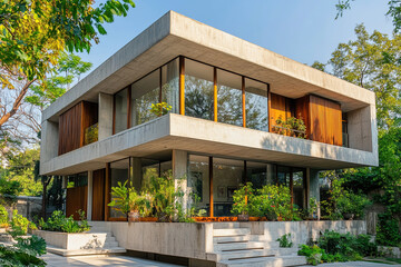 Fototapeta premium A mid-century modern-style two-story concrete house with large windows, wooden screens, and sliding doors,surrounded by lush greenery in an urban setting.The focus is on the building's exterior design