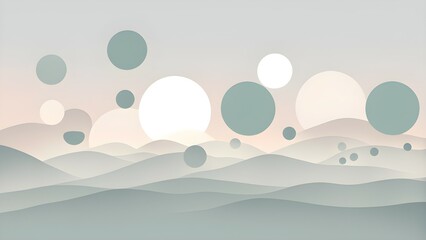 A serene abstract landscape with soft hills and floating circles in pastel colors.