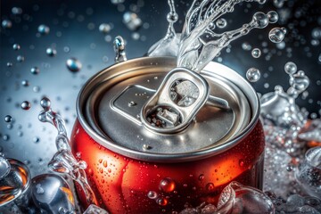 Aluminum can with splashing liquid and water droplets