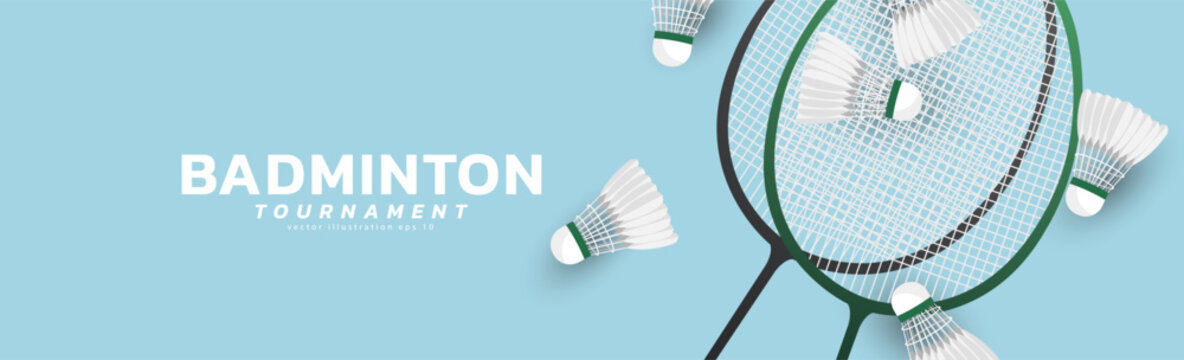Badminton banner background with racket and white badminton shuttlecock on blue background ,vector sports illustration poster or banner style, illustration Vector EPS 10