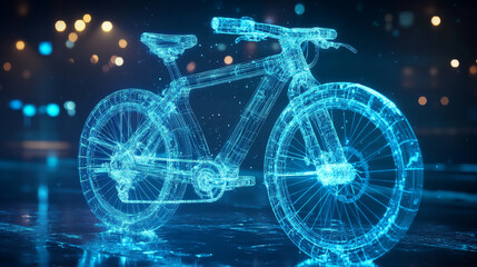 Fototapeta premium This 3D rendering showcases an innovative bicycle designed in a captivating hologram wireframe style. The bicycle is composed of intricate geometric lines and shapes, highlighting its advanced design