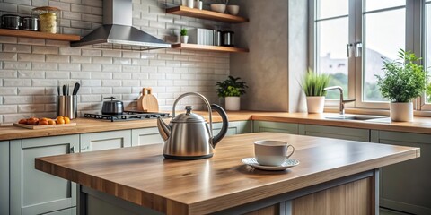 A minimalist kitchen with a stainless steel kettle and a white teacup on a wooden counter