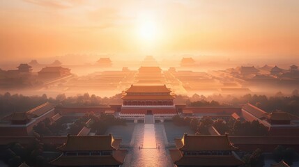 Illustrate a wide-angle perspective of the Forbidden City during a misty morning, emphasizing the ancient charm and intricate designs in a realistic oil painting technique