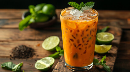 Fototapeta premium A refreshing glass of Thai iced tea with milk, ice cubes, and a garnish of lime, perfect for cooling down on a warm day. Rich orange color adds vibrancy to the setting. 