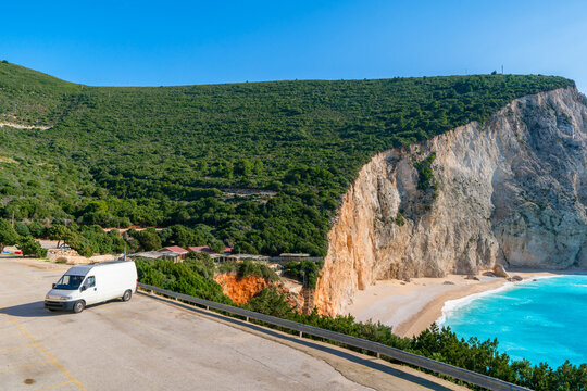 Camper van in Porto Katsiki beach with turquoise water