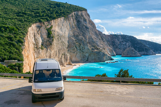 Camper van in Porto Katsiki beach with turquoise water