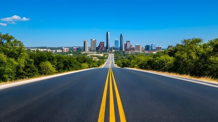 Asphalt highway road with a city skyline in the background, showcasing the contrast between the open road and the urban environment