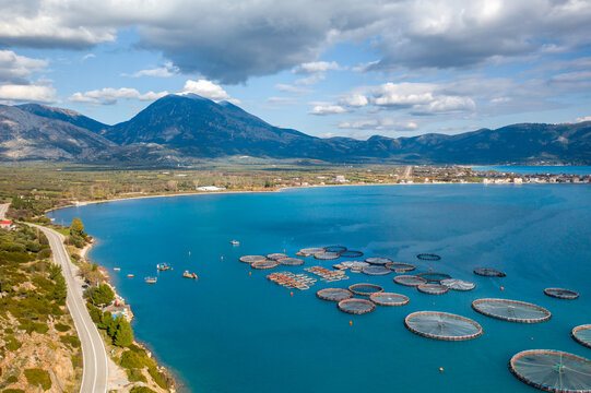 Floating circular fish farms drone view on the sea of Greece