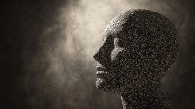 Male Head Composed of Dots in Empty Space: Antique Sculpture Style. Dark Background with Backlight and Depth of Field.

