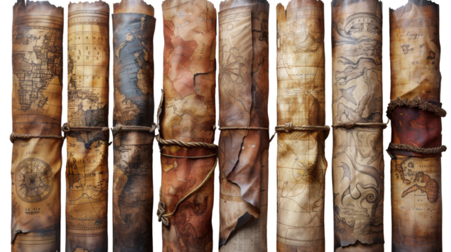 A captivating set of ancient parchment scrolls cut out in PNG format. Ideal for historical themes, storytelling, or decorative projects, these scrolls evoke a sense of mystery and antiquity.