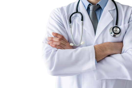 A confident medical professional in white lab coat with arms crossed, wearing a stethoscope, isolated on a white background.