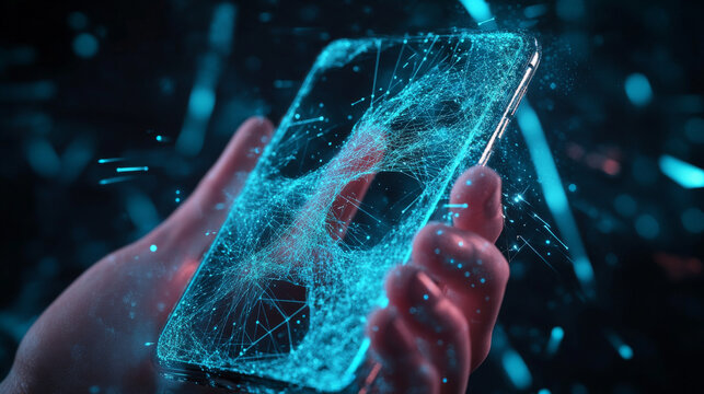 Phone in a Hand with Python Language Symbol on Mobile Screen: Coding Software Concept. Abstract Digital Wireframe, Low Poly Mesh, Polygonal Raster Blue Neon 3D Illustration Featuring Triangles, Lines,