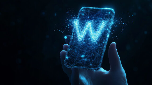 Phone in a Hand with Python Language Symbol on Mobile Screen: Coding Software Concept. Abstract Digital Wireframe, Low Poly Mesh, Polygonal Raster Blue Neon 3D Illustration Featuring Triangles, Lines,