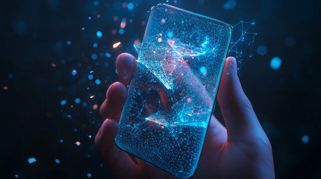 Phone in a Hand with Python Language Symbol on Mobile Screen: Coding Software Concept. Abstract Digital Wireframe, Low Poly Mesh, Polygonal Raster Blue Neon 3D Illustration Featuring Triangles, Lines,