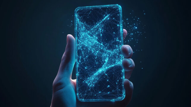 Phone in a Hand with Python Language Symbol on Mobile Screen: Coding Software Concept. Abstract Digital Wireframe, Low Poly Mesh, Polygonal Raster Blue Neon 3D Illustration Featuring Triangles, Lines,